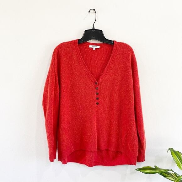 Madewell Tops - MADEWELL | Red Wool Blend Asherton Waffle Knit Henley v-neck sweater Size S